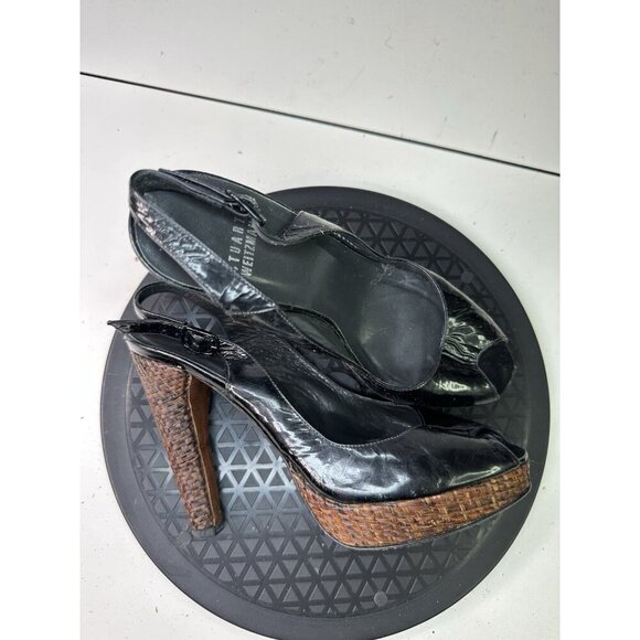 Stuart Weitzman Black Patent Slingback Peep Toe Sandals Sz 8 M - Picture 1 of 10